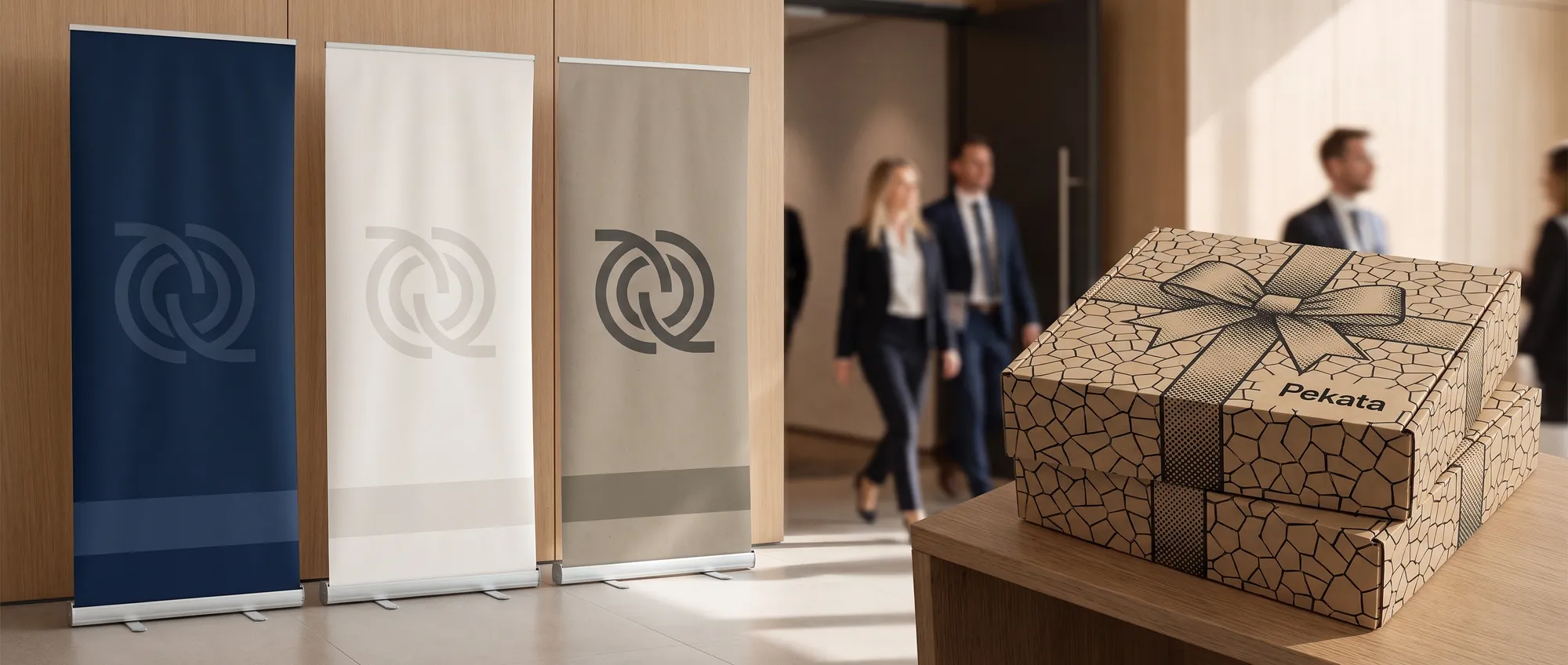 Custom 85 × 200 cm roller banner with a company logo beside a trade show counter